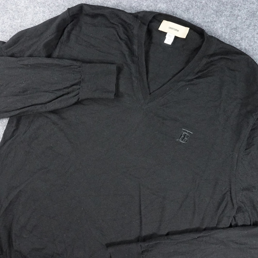Burberry Uniform V-Neck Sweater Men's XL TB Monogram Wool Black